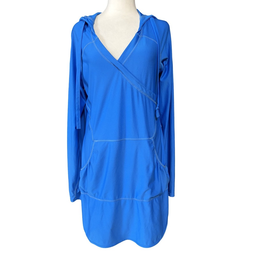 Athleta Hoodie Womens M Blue V Neck Wrap Front Tunic Pockets Lightweight Knit